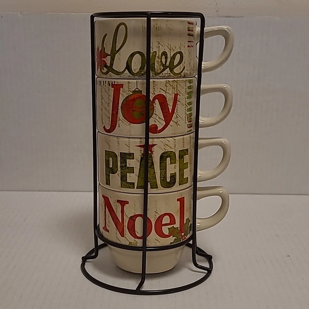 Pier 1 4 Stackable Stoneware Coffee Christmas Mugs w/Rack Love Joy Peace Noel
